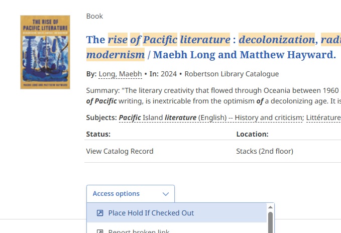In a OneSearch book record, the "Access options" dropdown menu is open and "Place Hold If Checked Out" is selected