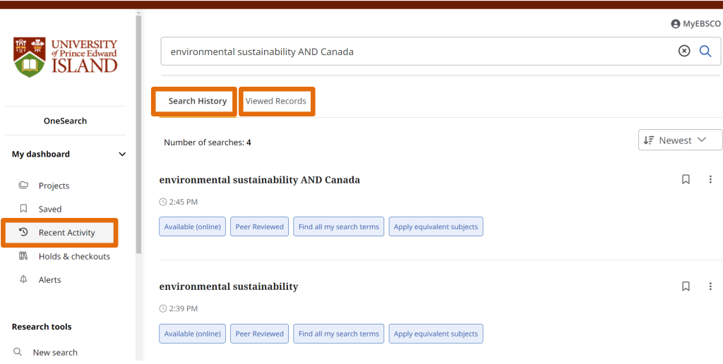 Recent history tab on the left side of the page is highlighted. The Search History and the Viewed Records are also highlighted