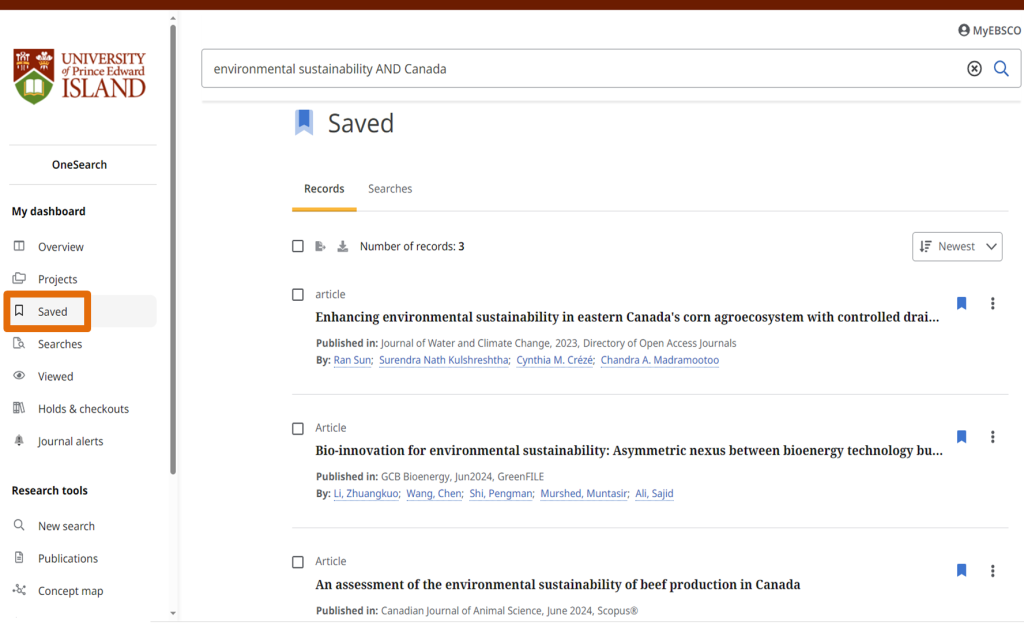 Screenshot of the saved items