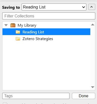 Next to "Saving to: Reading List," there is an arrow button. The expanded window shows the file navigation of a Zotero account, where individual folders can be selected.